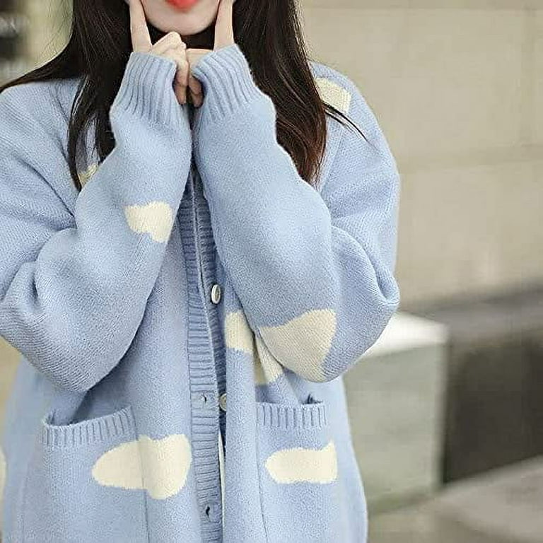 Women Kawaii Cloud Knitted Cardigan Long Sleeve Button Down Cute