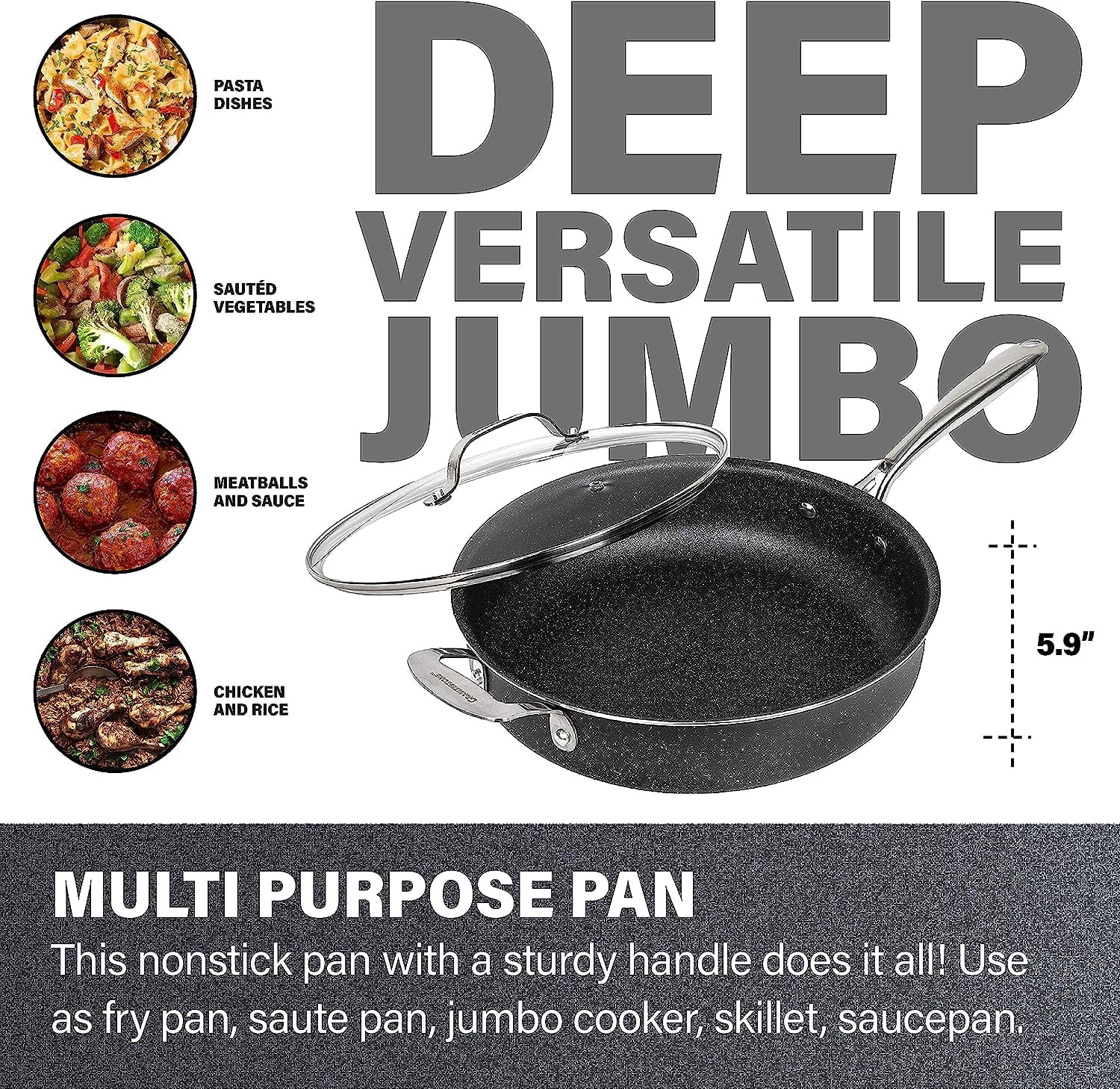 Granitestone Jumbo Cooker with Lid, Nonstick Triple Coated Surface, Family Sized Open Skillet with Stainless Steel Stay Cool & Helper Handle, Oven and Dishwasher Safe