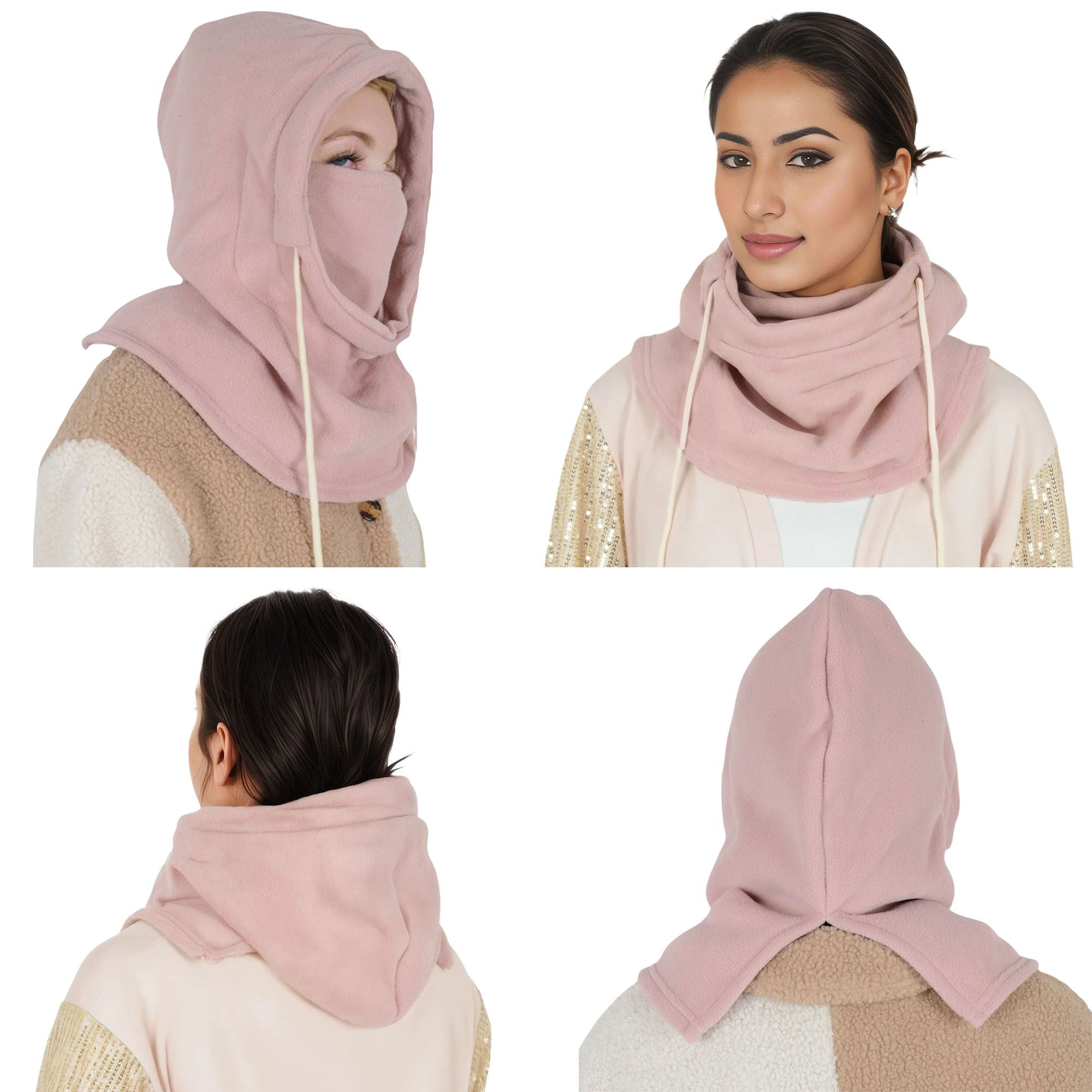 Winter Fleece Face Mask Balaclava Warm Neck Face Cover Hat Cap Hooded Scarf for Men and Women- Pink