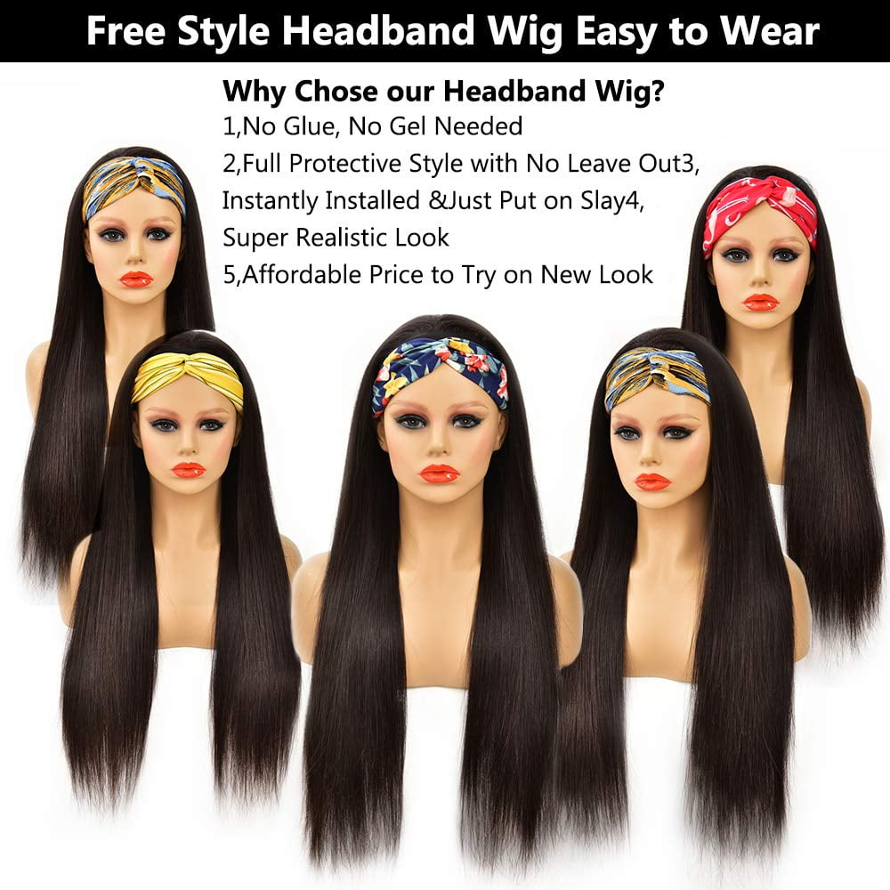 Headband Wig Human Hair Straight Glueless None Lace Front Headband Wig Brazilian Virgin Hair Wigs for Black Women - 30 inch