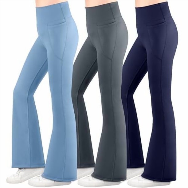 BIG ELEPHANT 3 Packs de Leggings Acampanados para Niña con Bolsillos Laterales, Pantalones Acampanados de Cintura Alta para Baile