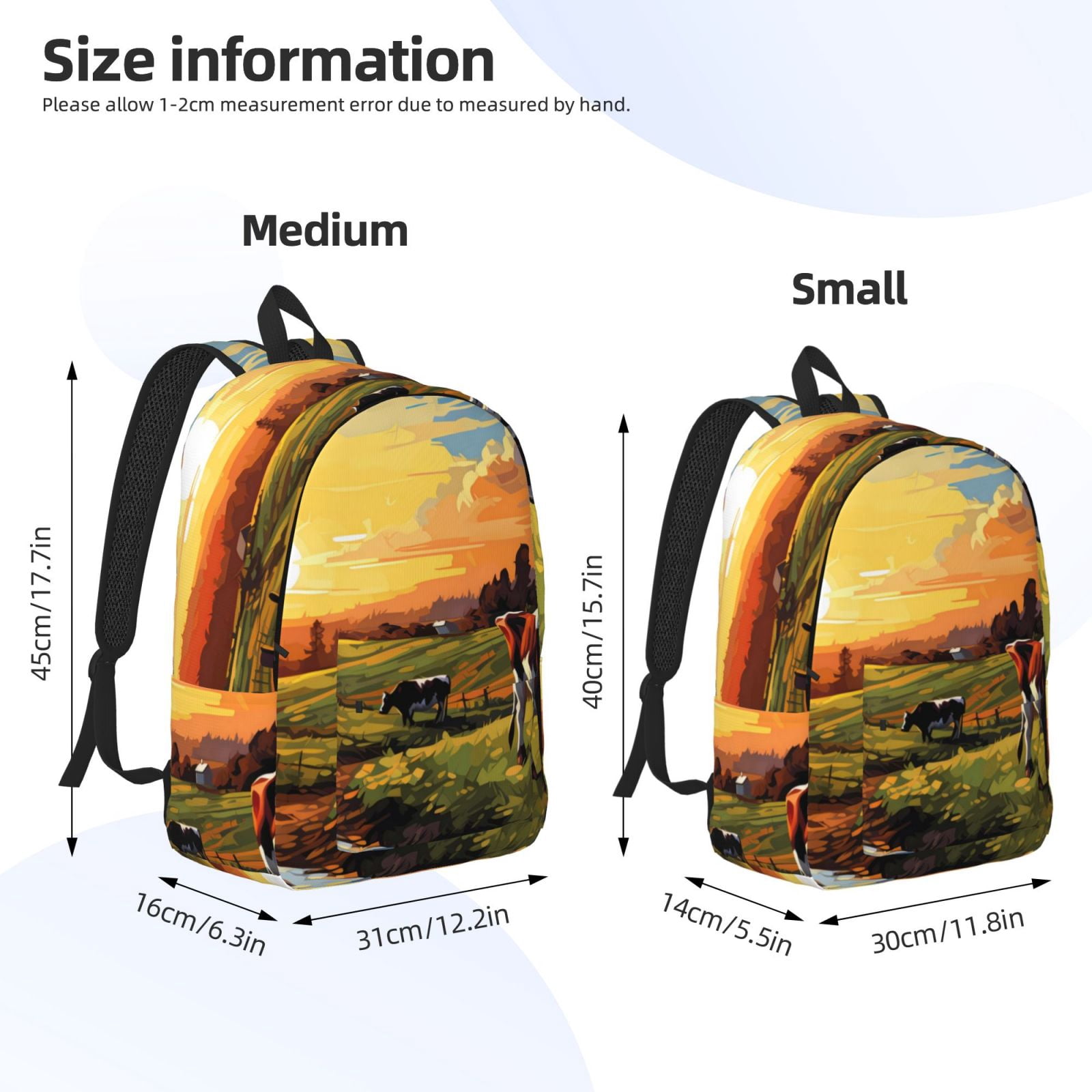 Vsdgher Oil Painting Style Pasture Cow Print Canvas Backpack Travel Rucksack Unisex Knapsack 15.7/17.7Inch Laptop Backpack for Work,College -Small