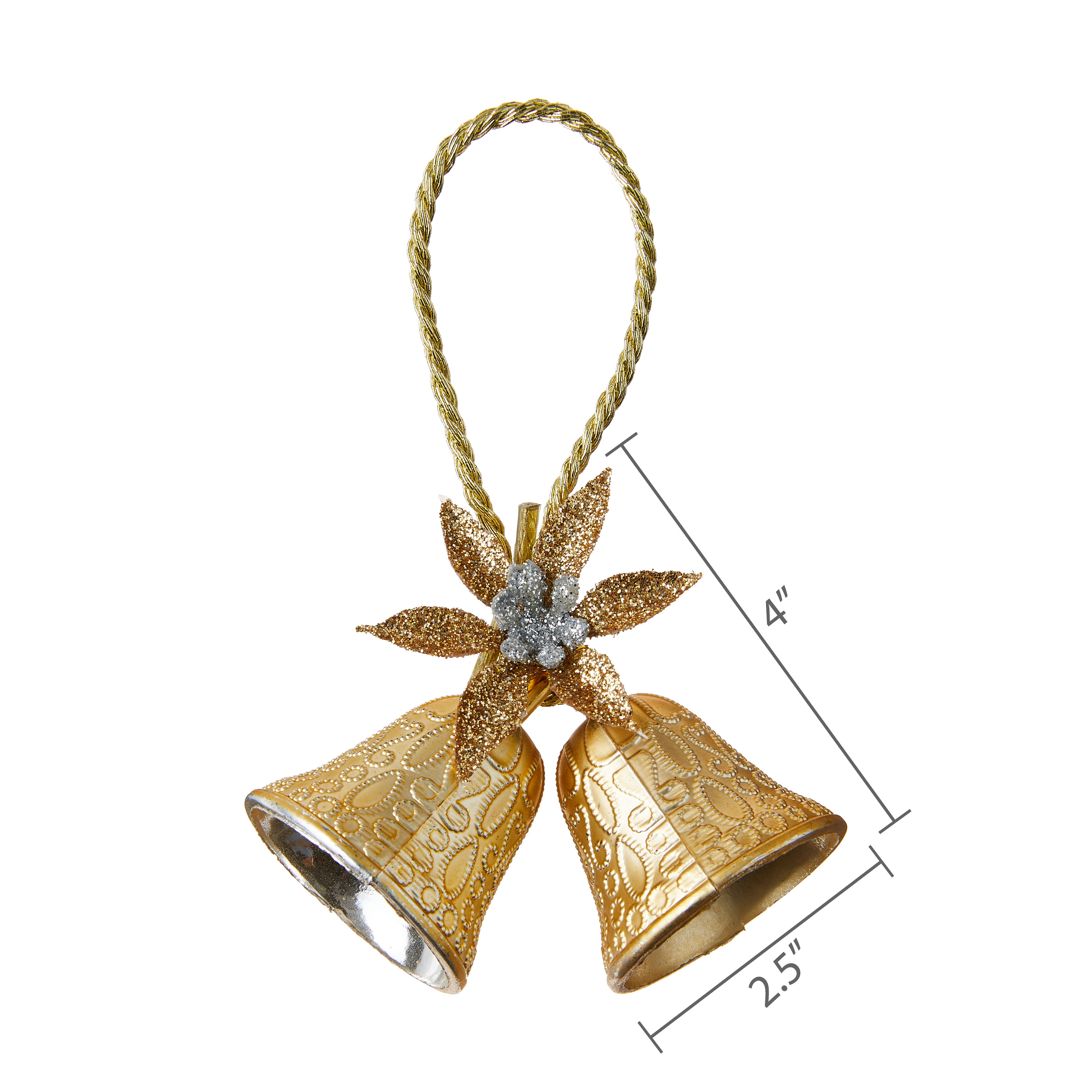 Gold Embossed Mini Double Bell with Poinsettia Christmas Ornament, 4 Count, by Holiday Time