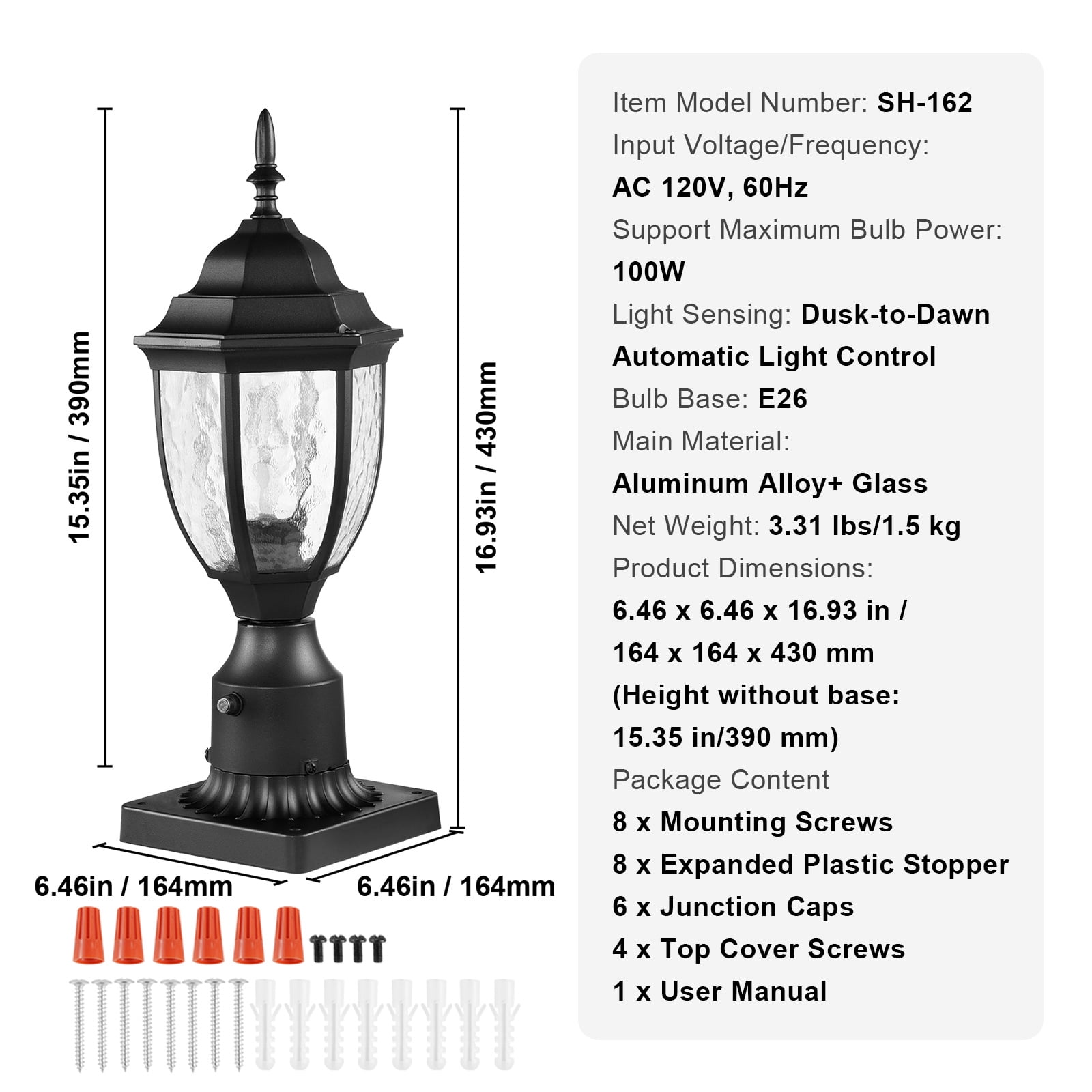 KFFKFF 2 Set Twilight to Sunrise Outdoor Post Light, 15.35 in, Weather-Resistant Lamp Post Lights with 3.5 in Base for Pier Mount, Glass Enclosure, Resilient Against Lightning