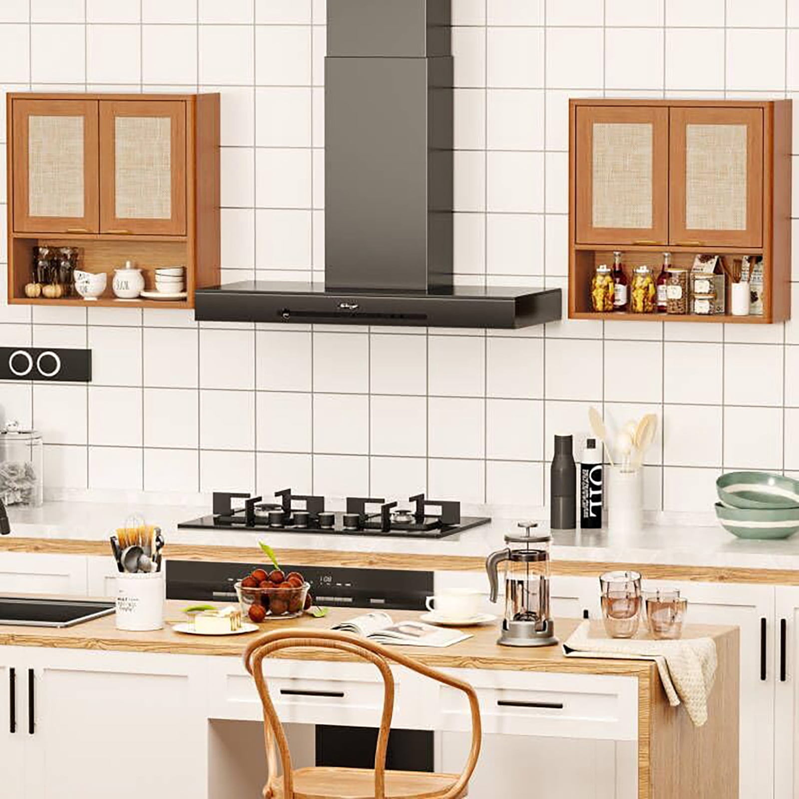 LELELINKY Rattan Wood Bathroom Wall Cabinet with Adjustable Shelf, Boho Medicine Cabinet for over Toilet Storage, Laundry Room, TeaC