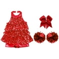 thumbnail image 3 of TiaoBug Kids Girls Cheer Dance Performance Costume Shiny Sequins Halter Ballet Dance Leotard Dress Red 6, 3 of 5