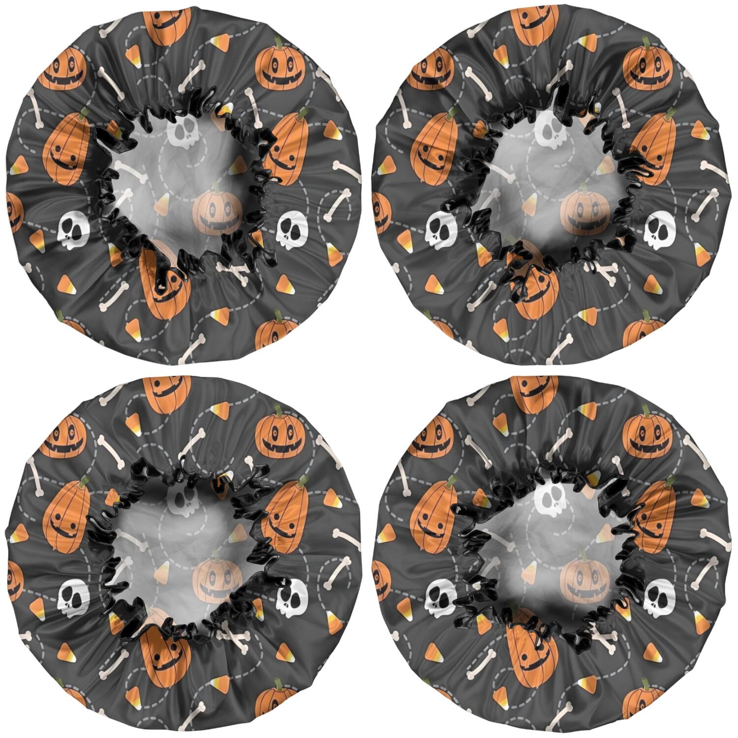 Shower Caps,Gray Halloween Pumpkins Skulls and Bones Waterproof Shower Cap for Women 4 Pieces,Double Reusable Hair Cover for Shower PEVA Elastic Stretch Hem