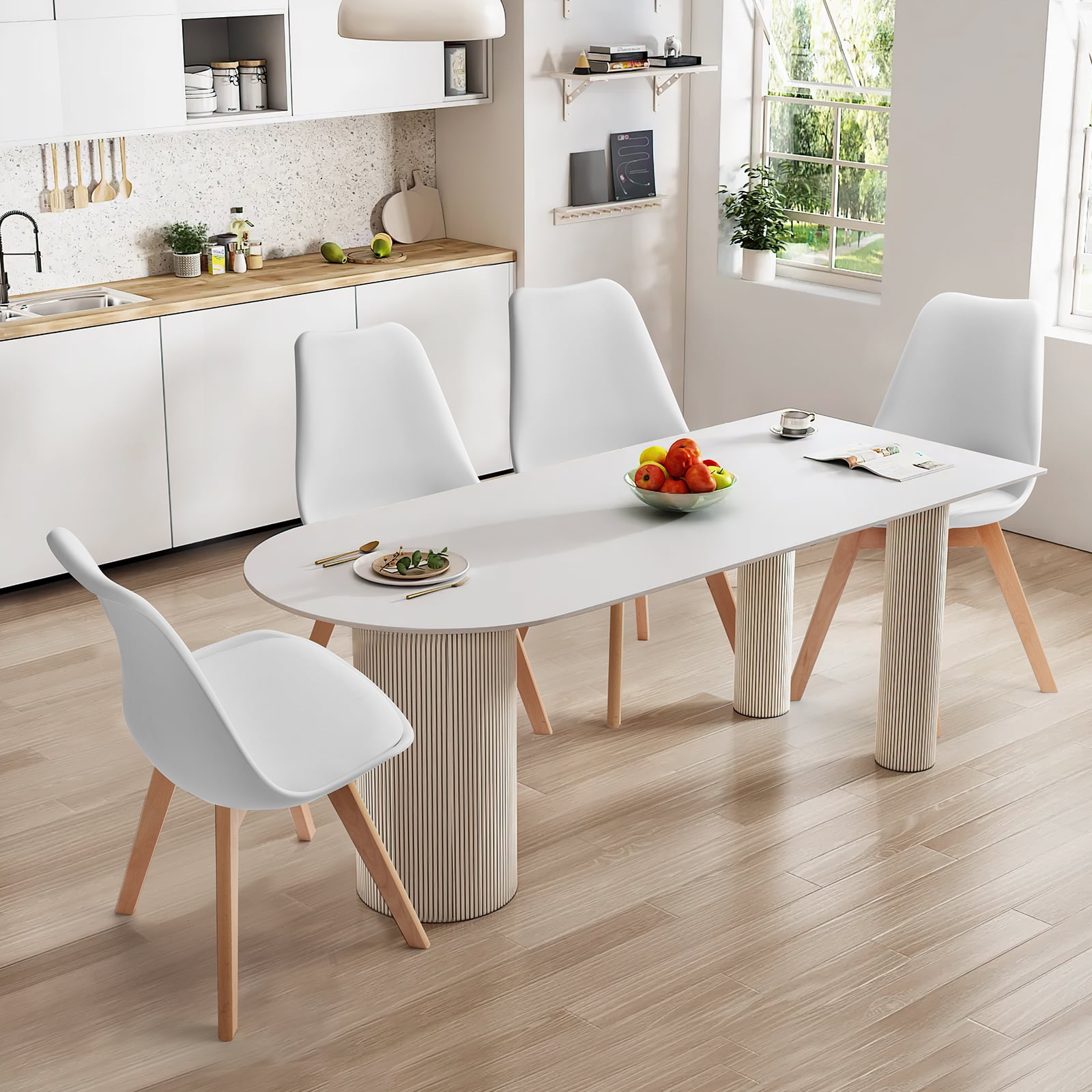 GIANNA Set of 4 Dining Chairs, Mid-Century Modern Style, PU Leather Padded Seat, Durable Wooden Leg, 22.83"W x 19.09"D x 32.87"H,White