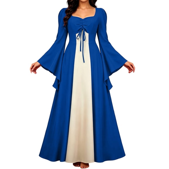 Palace Dresses for Women Long Sleeve Ruffle Hem Elegant Color Block Fashion Halloween Party Dress