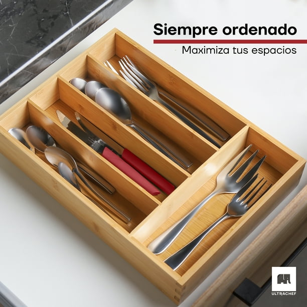 Ultrachef Bandeja para Cubiertos de Bambu Organizador de Cocina Bandeja de Madera para Cajon con 5 Compartimentos Porta Cubiertos Multiusos con Separadores para Almacenar y Ordenar Walmart en linea