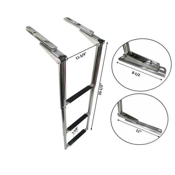 Pactrade Marine Boat Stainless Steel 3 Steps Telescopic Folding Ladder with Rubber Foot Grips