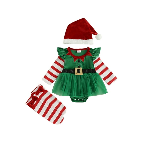 Miaouyo Infant Baby Girls Christmas Fall Outfit 0 3 6 12 18 Months Long Sleeve Romper   Hat   Striped Socks Clothes Set