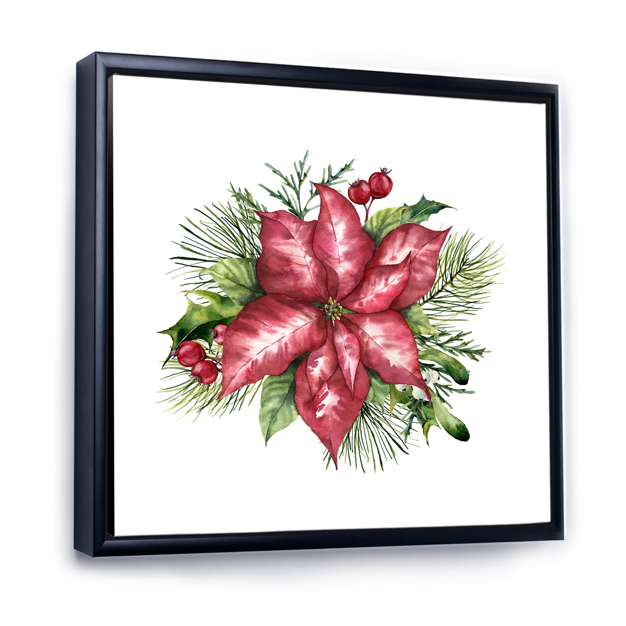 Designart 'Christmas Fir Branch and Holly Mistletoe Berries III' Traditional Framed Canvas Wall Art Print