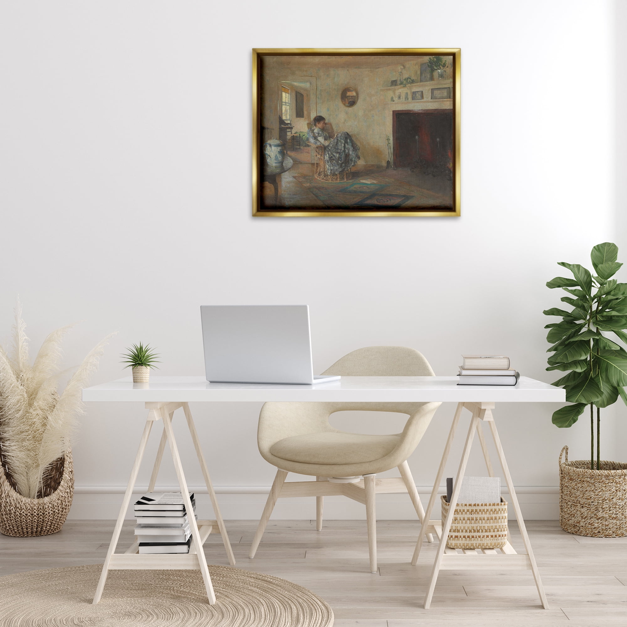 Stupell Industries Classical Rainy Day Girl People Painting Gold Floater Framed Canvas Art Print Wall Art, 31 x 25