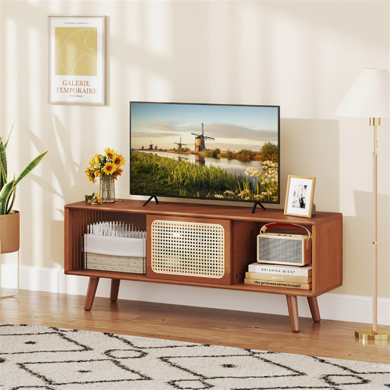 Demi Bonn TV Stand for 50" TVs, Entertainment Center with Rattan Glass Sliding Doors, Modern Media TV Console Table for Living Room Bedroom, Brown