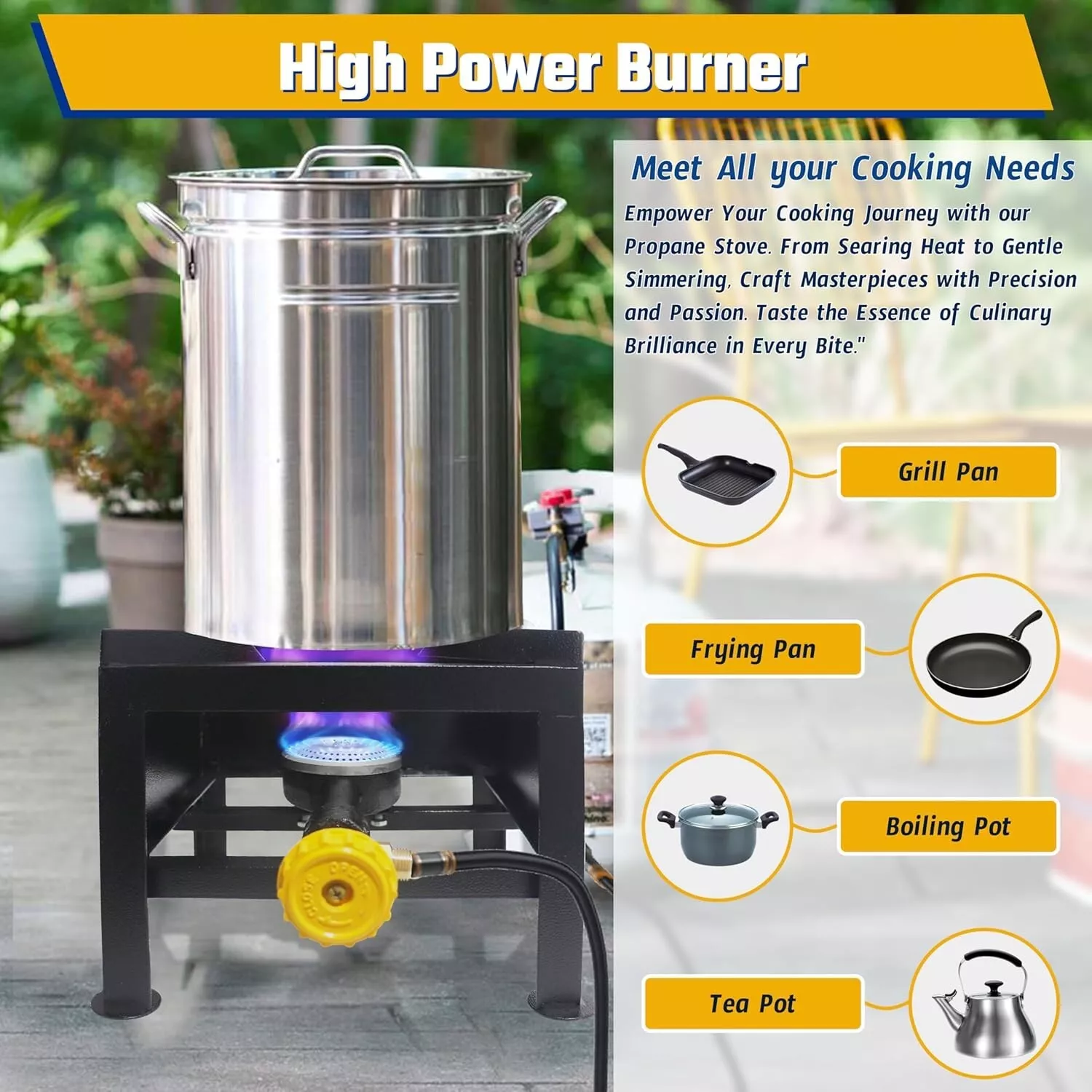 large Propane Burner Gas Stove - High Pressure Square Single Burner Outdoor Patio Stove Propane Wok Burner Heavy Duty Outdoor Gas Burner With Regulator & Hose For Crawfish Boiler, Turkey Fryer