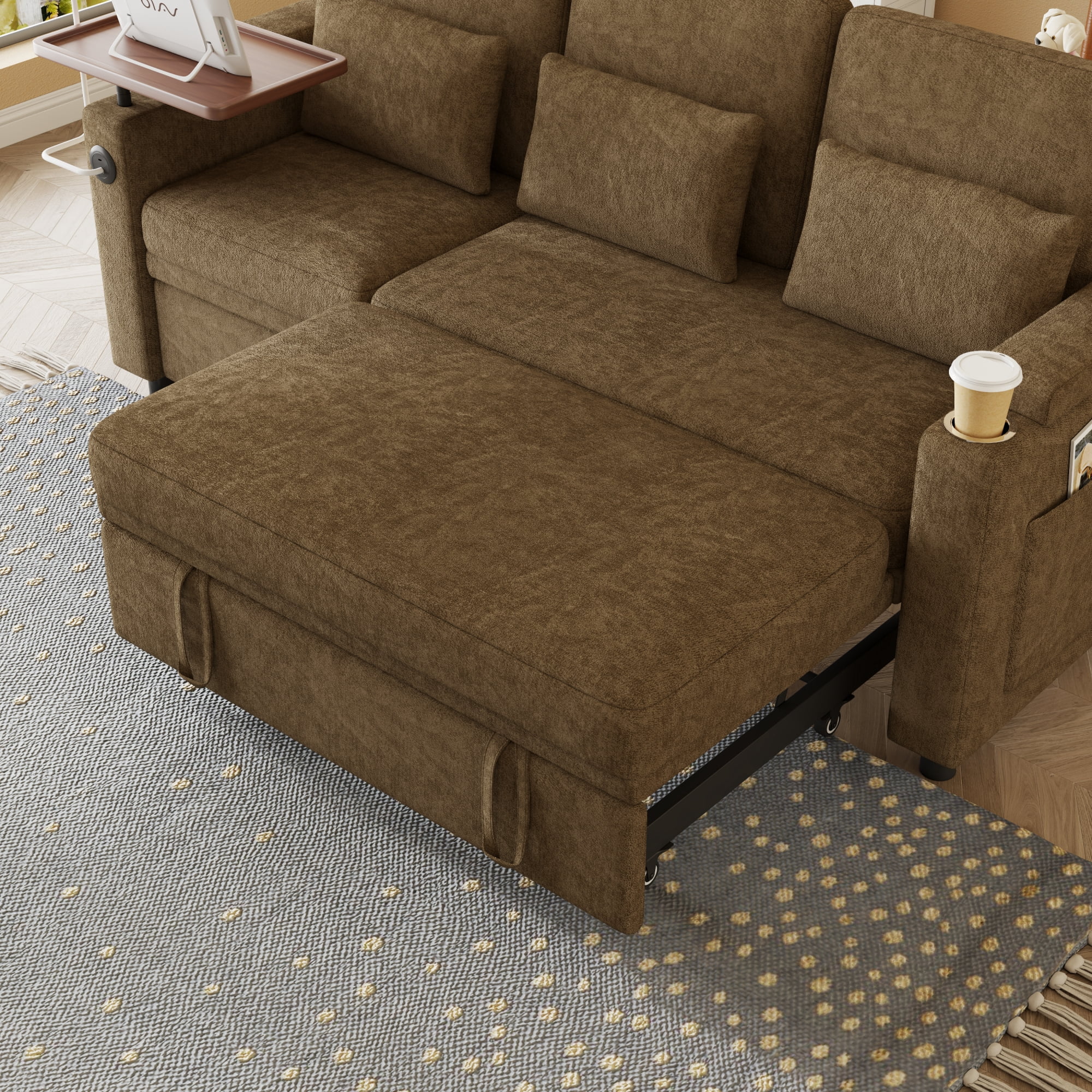 ShiKeyi 83" 3-in-1 Convertible Sofa Bed, Chenille 3 Seater Couch with Sleeper Sofa Function, Adjustable Backrest, USB Ports & Storage Armrests, Khaki