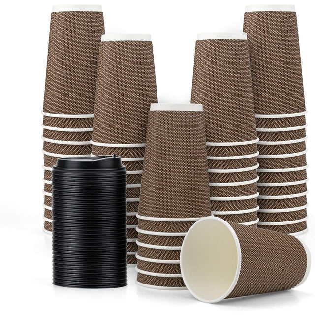 80 Pack 16 oz Disposable Double Walled Hot Cups with Lids, Coffee Cups, No Sleeves needed Insulated Ripple Wall Hot Coffee Tea Chocolate Drinks, Brown