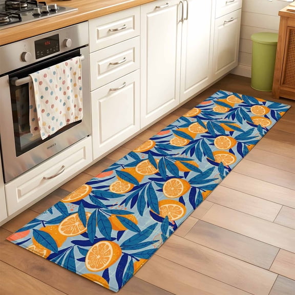 2'x6' Rug Runners for Hallways Kitchen, Orange Lemon Non Slip Entryway Beside Floor Carpet Runner, Minimalist Tropical Retro Blue Palm Leaf Washable Laundry Room Bedroom Throw Rugs Mat for Family Pet