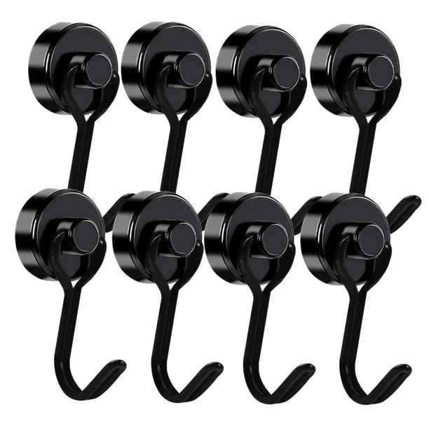 WOVTE - 8 ganchos magnéticos para refrigerador (15 kg, 33 lb), resistentes, con imán de neodimio y 8 placas de metal, giratorios, para colgar en interiores y exteriores, parrillas, soportes de