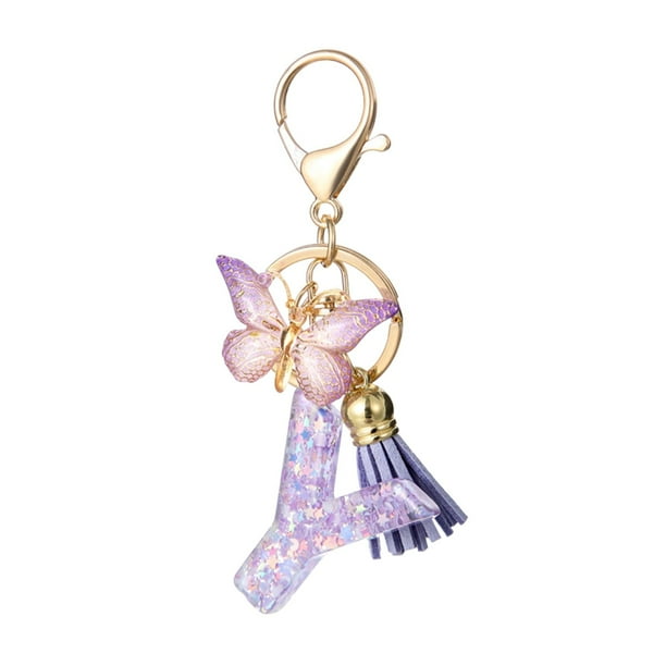 Llavero de moda con 26 letras y borlas de mariposa, elegante y multifuncional.