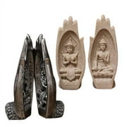 Thai Decor Resin Zen Buddha Hand Sculpture with 2 Artistic Peaceful Buddha Statues Poses in Palms, 1 Pair (Sand)