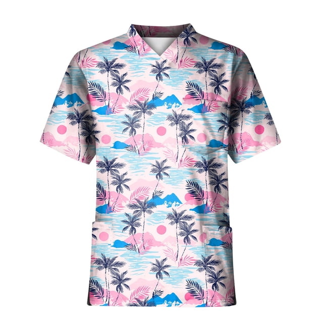 Plus SizePrinted Scrub Working Uniform Tops For Men's Cross V-Neck Short Sleeve Fun T-Shirts Workwear Tee With Pockets S