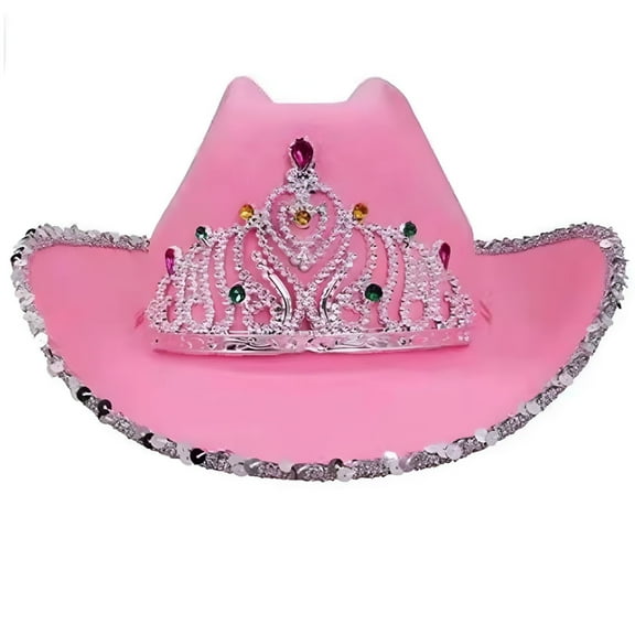 TELOLY Cowgirl Hat with Heart Glasses - Pink Cowboy Hat with Tiara Crown - Halloween Cow Girl Costume Accessories - Fun Rodeo Party Hats and Goggles for Women, Girls and Kids