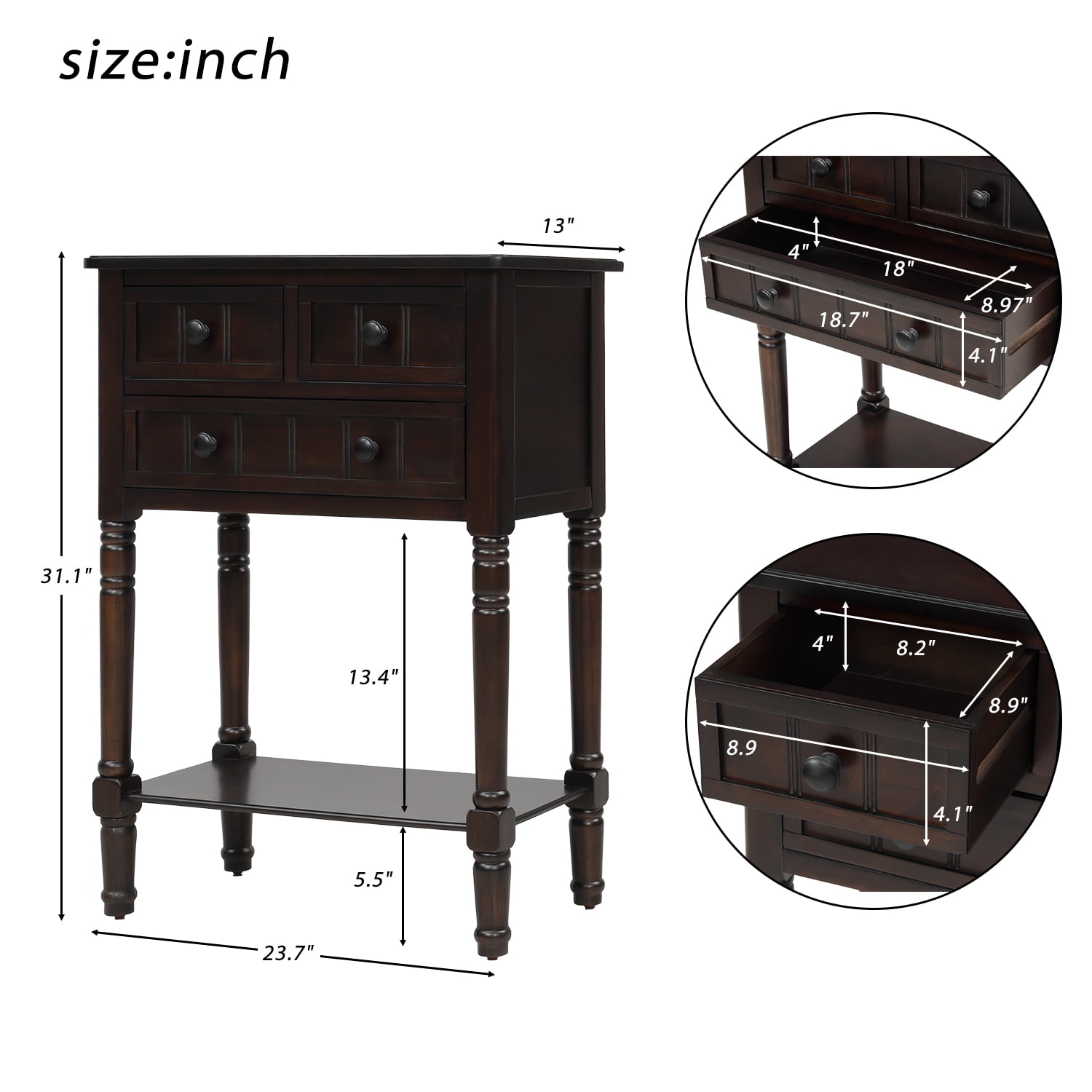 EUROCO Console Table, Slim Sofa Table with Three Storage Drawers and Bottom Shelf for Living Room, Easy Assembly