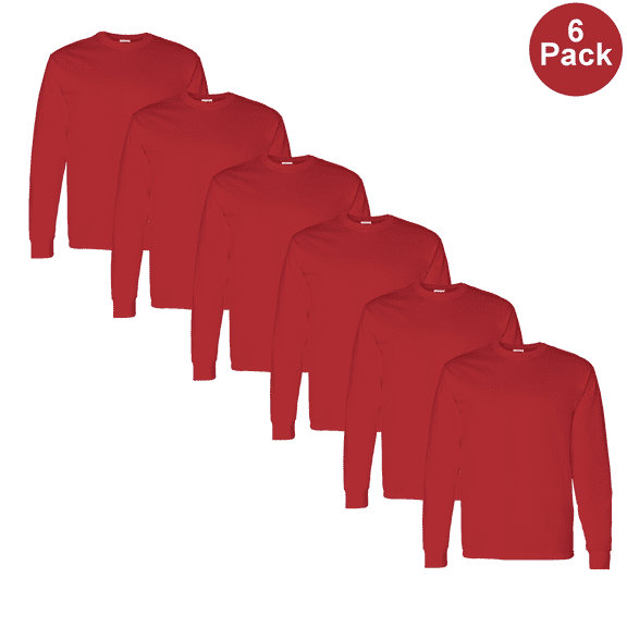 Gildan Men's Heavy Cotton Long Sleeve T-Shirt, Comfortable Crew Neck Durable Tee, Red, S, 6 Pack