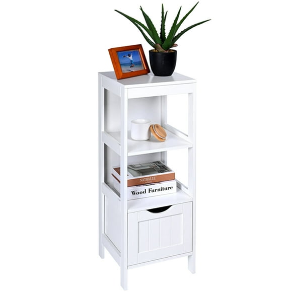 Bathroom Floor Cabinet, Storage Cabinet with 1 Drawer and 2-Tier Open Shelf Home Corner Rack, White