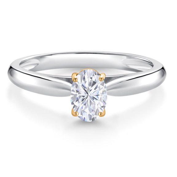 Gem Stone King 10K White and Yellow Gold Moissanite Solitaire Engagement Ring for Women | 0.50 Cttw | Oval 6X4MM (Size 7)