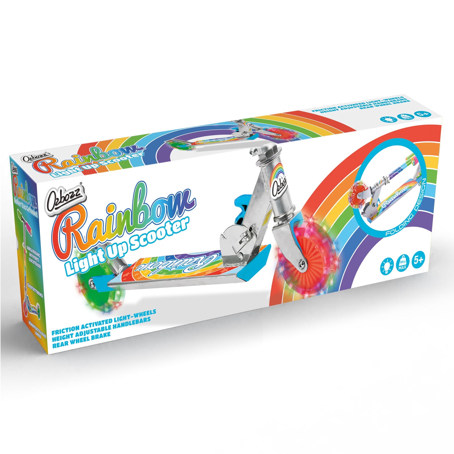 OZBOZZ Rainbow Foldable Kick Scooter, Light-up Wheels, Ages 5 and up