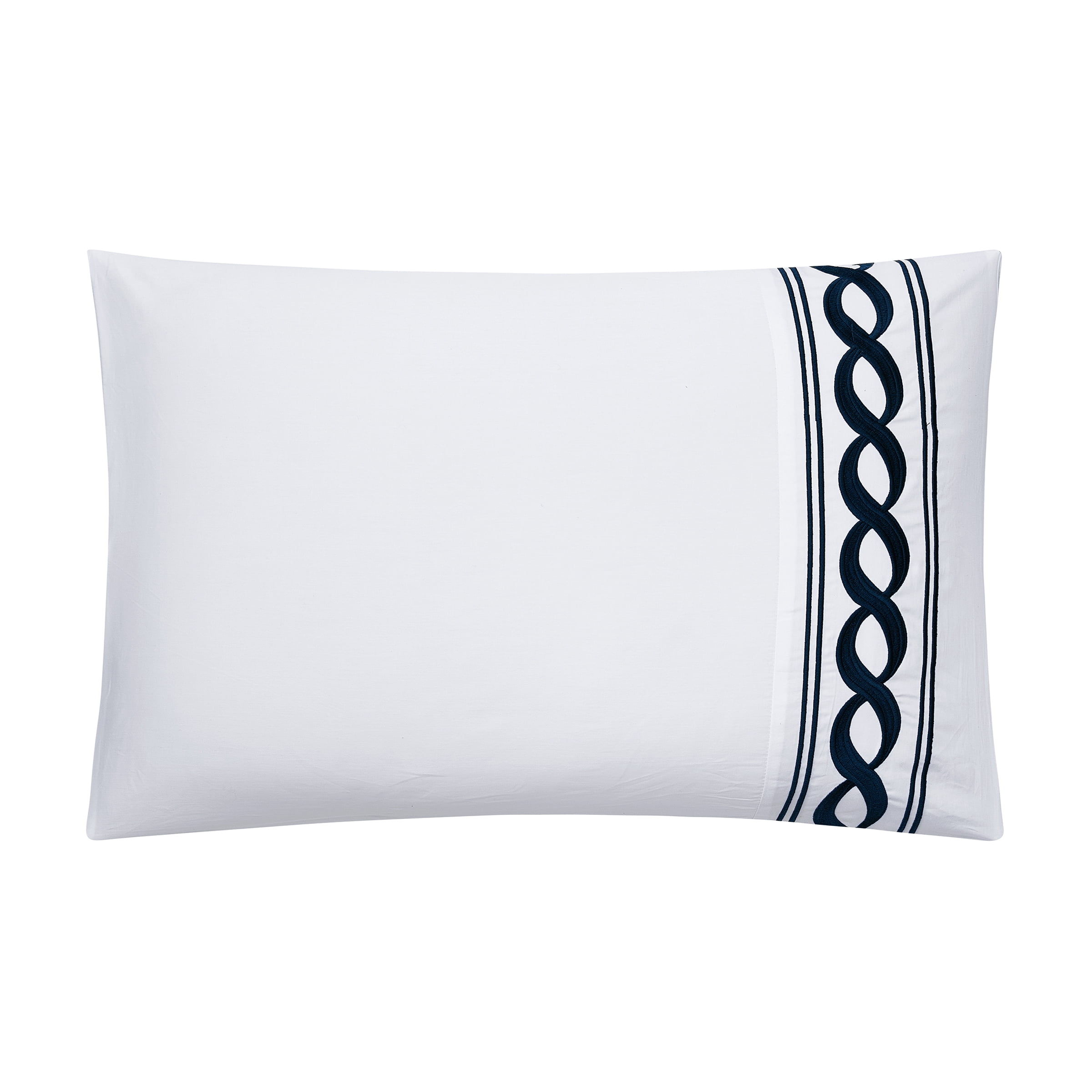 Dee Ocleppo Embroidered Cable Border White/Navy 3-Piece Hotel Style Comforter Set, Full/Queen