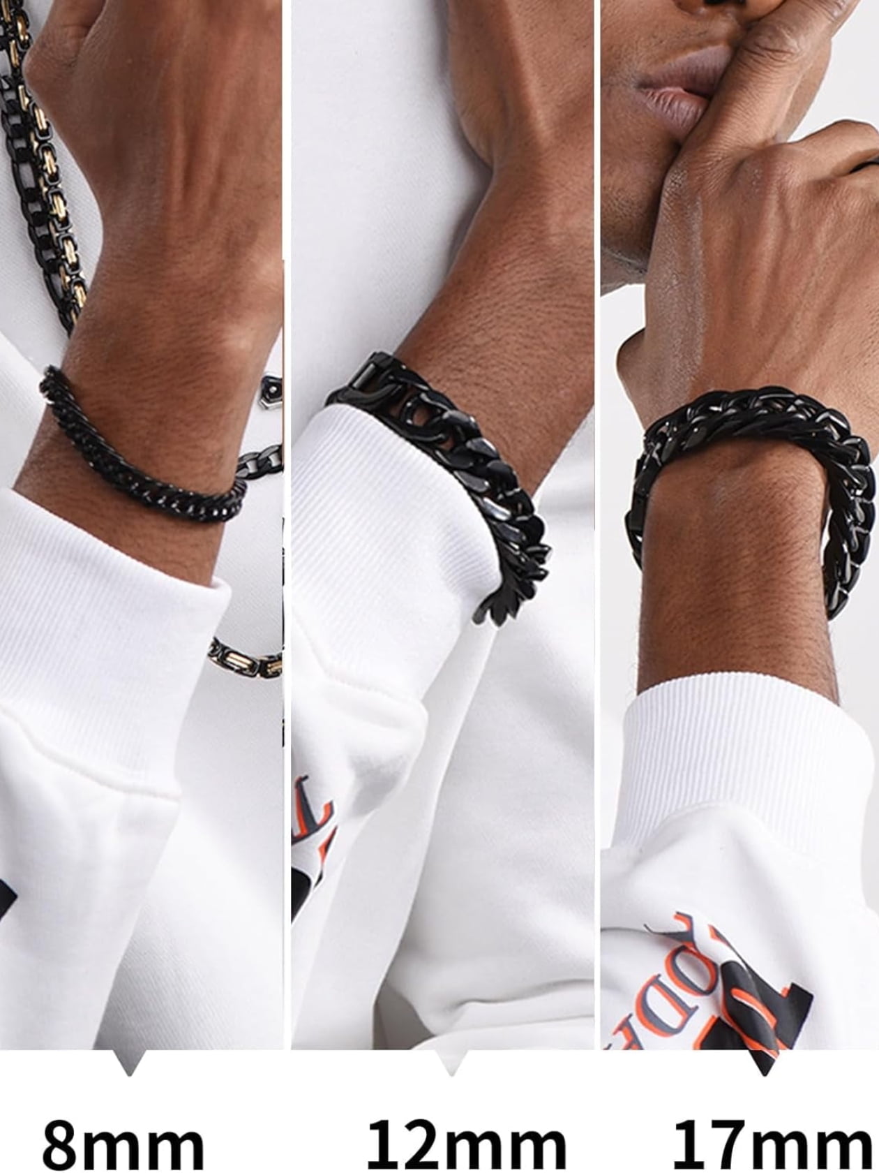 ChainsHouse Black Cuban Link Bracelet for Men Chunky 8mm/12mm/17mm Width Men's Chain Bracelets Stainless Steel Punk Jewelry Gift