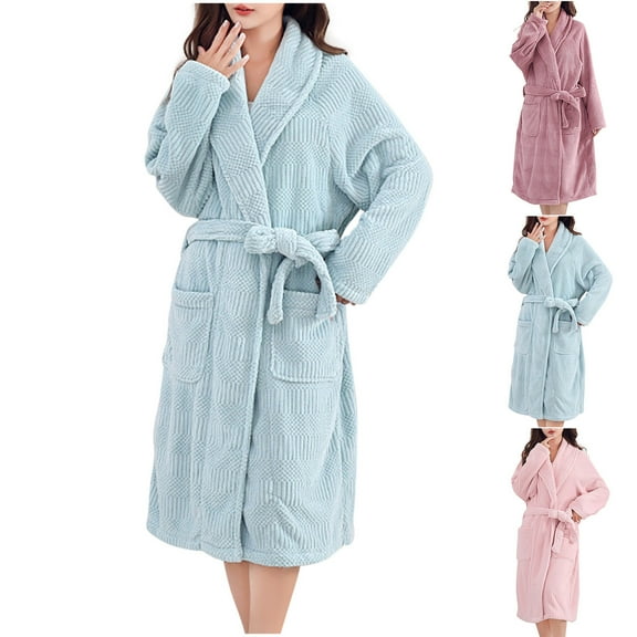 Women’s Thick Fleece Bathrobe Warm Plush Flannel Robe Soft Long Sleepwear Cozy Belted Winter Loungewear