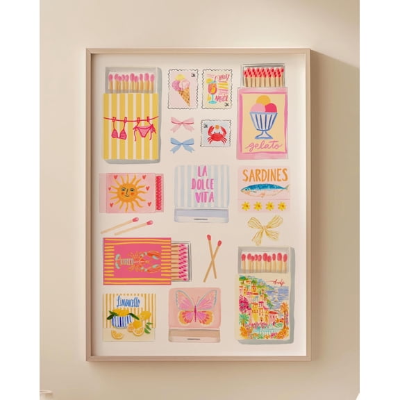 Coastal Hand Painted Matchbox Pastel Print Summer Wall Art, Unframed Paper Poster 8x10in
