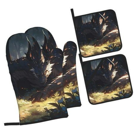 

Zeuib Sleeping Dragon In Forest Oven Mitts and Potholders BBQ Gloves Kitchen Oven Glove High Heat Resistant 500 Degree Extra Long Oven Mitts and Potholder with Non-Slip Silicone Surface for Cooking