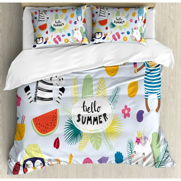 Hello Summer Duvet Cover Set King Size, Flip Flops Sea Shells Sunny Days Monkey in a Bathing Suit Vivid, 3 Piece Bedding Set with 2 Pillow Shams, Baby Blue and Multicolor, by Ambesonne