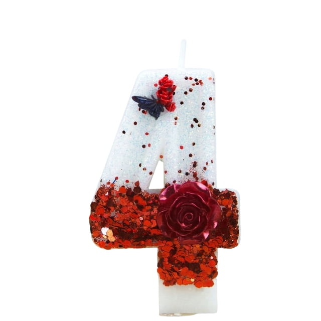 Goleeg Bougies d'Anniversaire Papillon Numéro 4, Bougies Gâteau Numérotées Décorées de Roses Rouges, pour Anniversaires, Fêtes et Célébrations de Mariage