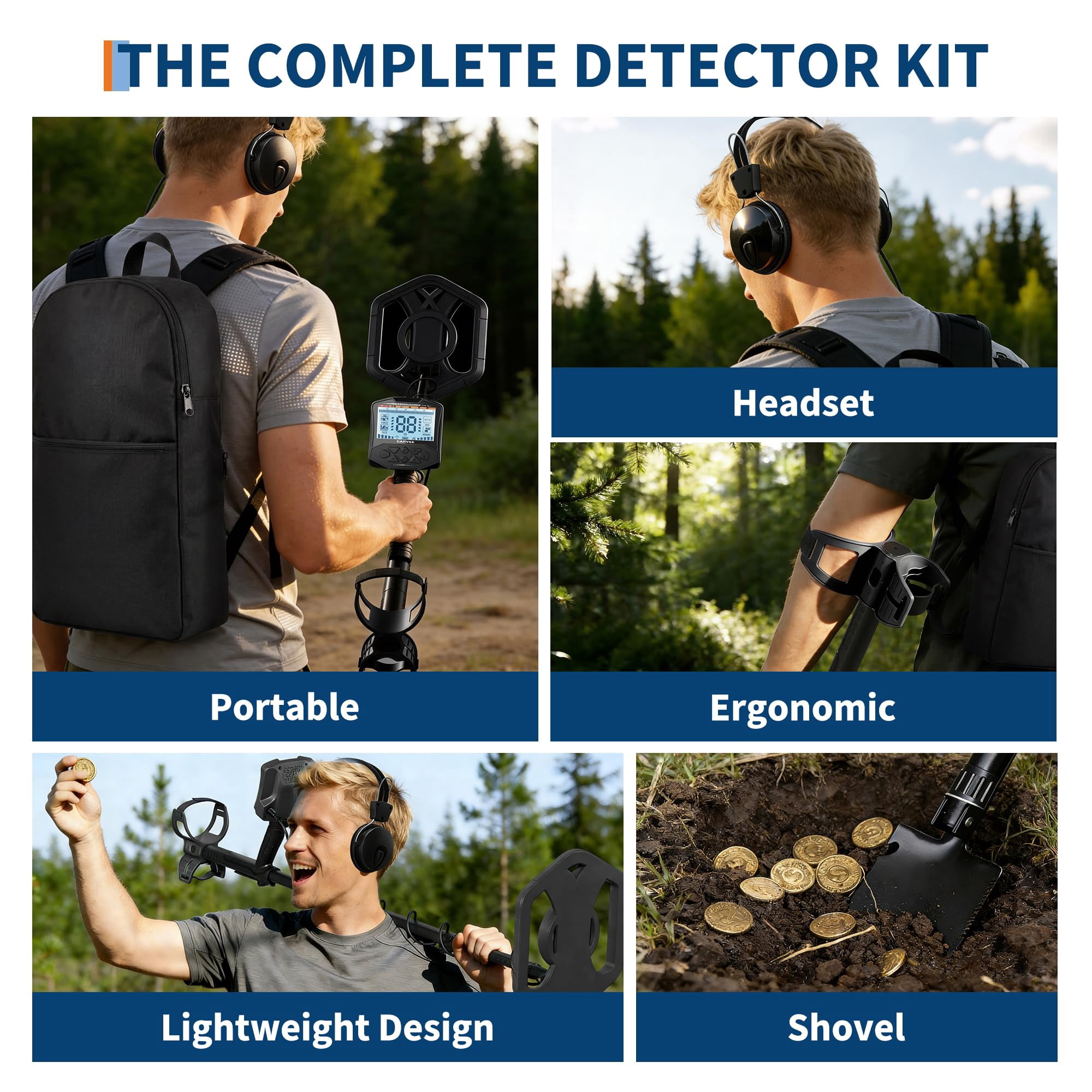 Adult Professional Metal Detector with 5 Detection Modes, IP68 Waterproof Coil, Large Backlit LCD Display, High-Accuracy Gold & Coin Finder for Beach Treasure Hunting, Easy for Beginners, Black