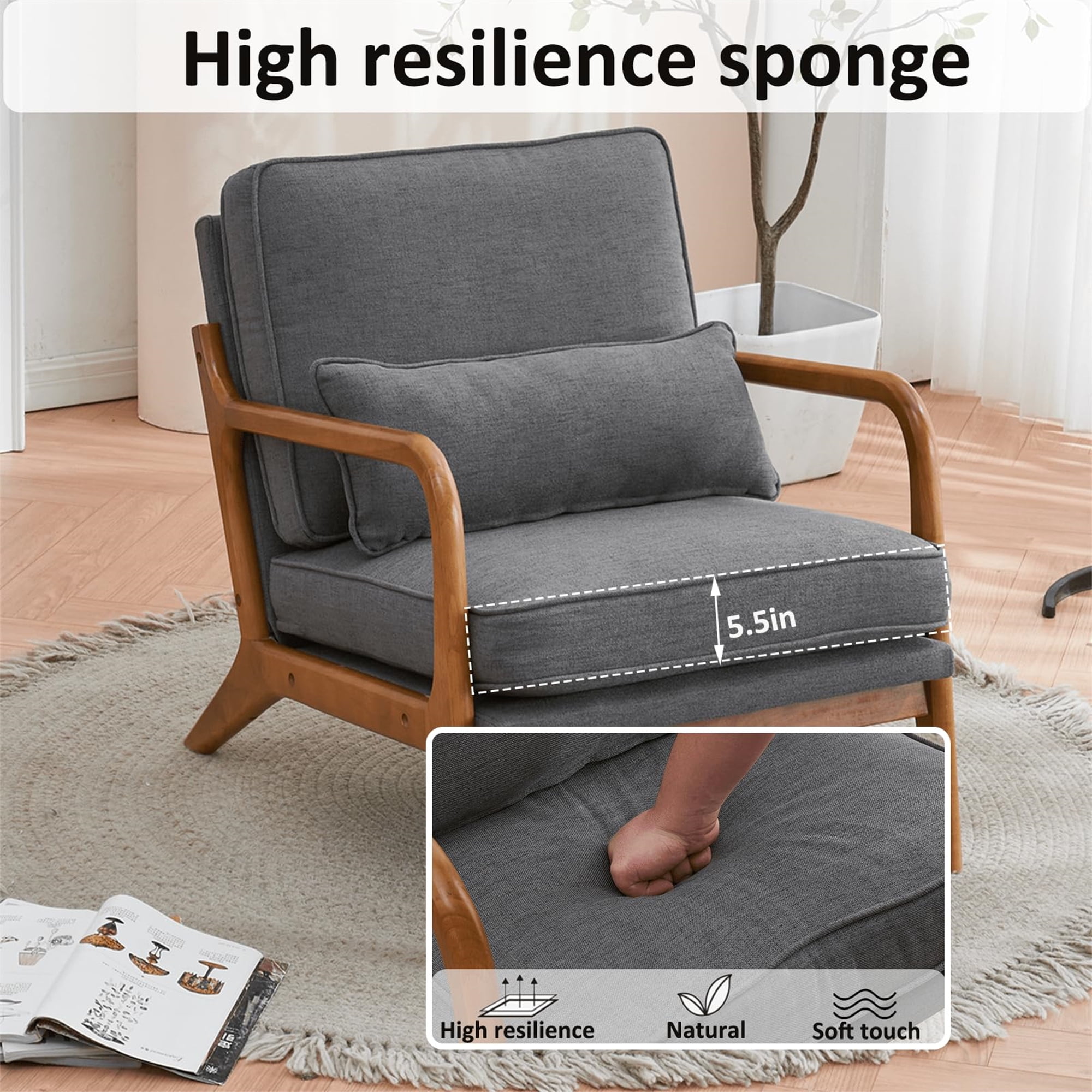 Aukfa Modern Accent Chair w/ Lumbar Pillow for Living Room, Mid Century, Wood Frame, Linen, Gray