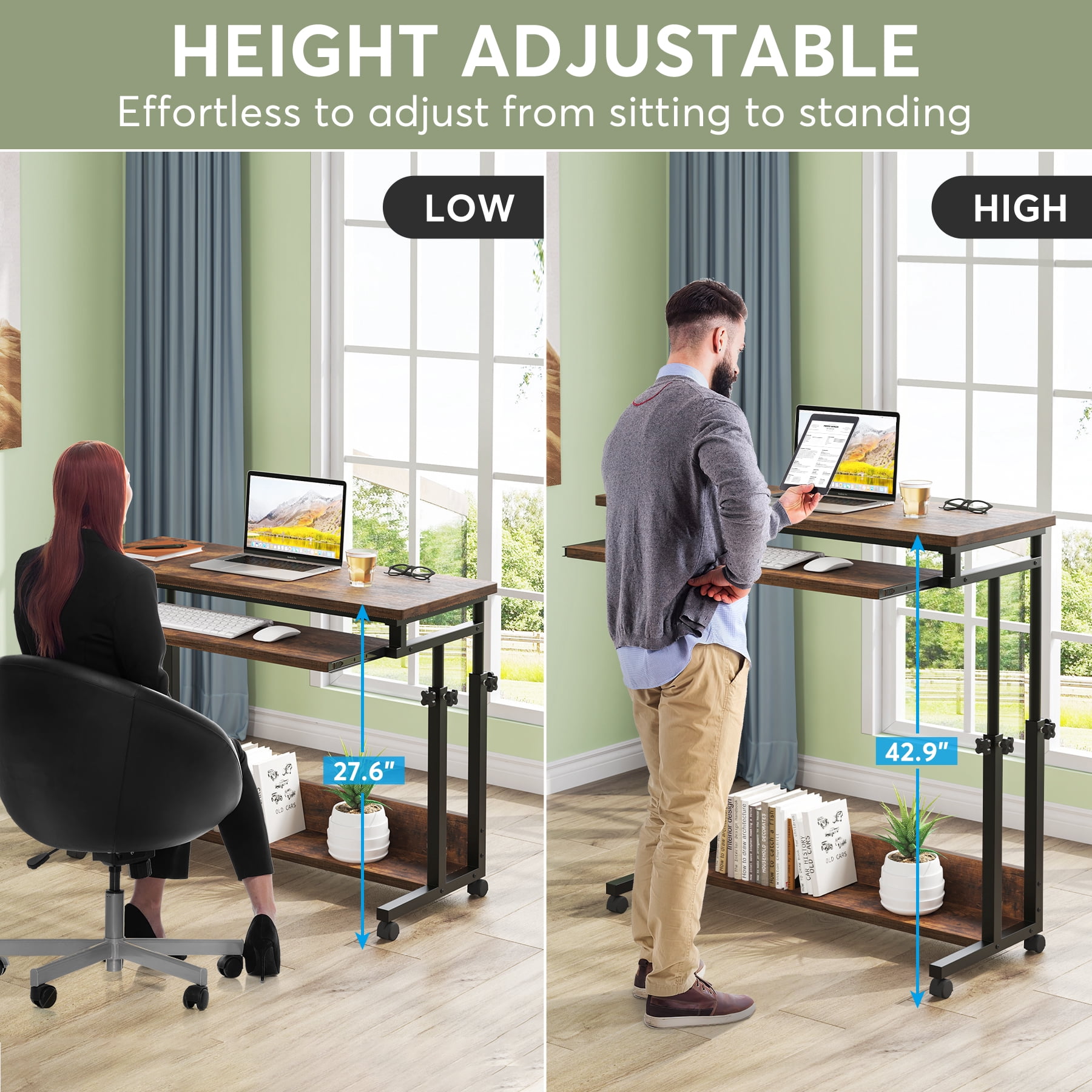 Fnova Height-Adjustable Desk with Wheels, Rolling Computer Cart with Keyboard Tray, Portable Laptop Small Standing Desk for Sofa, Bed, Home Office