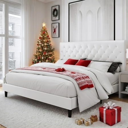 Homfa King Bed Frame  White Faux Leather Upholstered Button Tufted Low Profile Platform Bed Frame with Adjustable Headboard for Bedroom