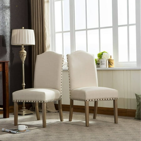 Roundhill Furniture Mod Urban Style Solid Wood Nailhead Fabric Padded Parson Chair Set of 2, Tan