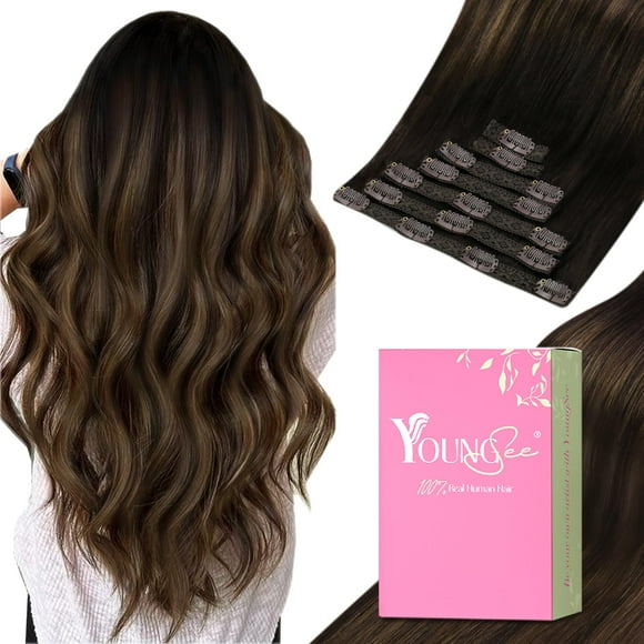 YoungSee Clip in Hair Extensions Human Hair Blayage Clip in Hair Extensions Real Human Hair Dark Brown Mix Medium Brown Highlights Brown Balayage Str