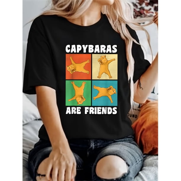 Women's T-shirt, Cute "Capybaras" Print, Retro Minimalist Fashion, Round Neck, Casual And Comfortable, Sporty Short-sleeved T-shirt