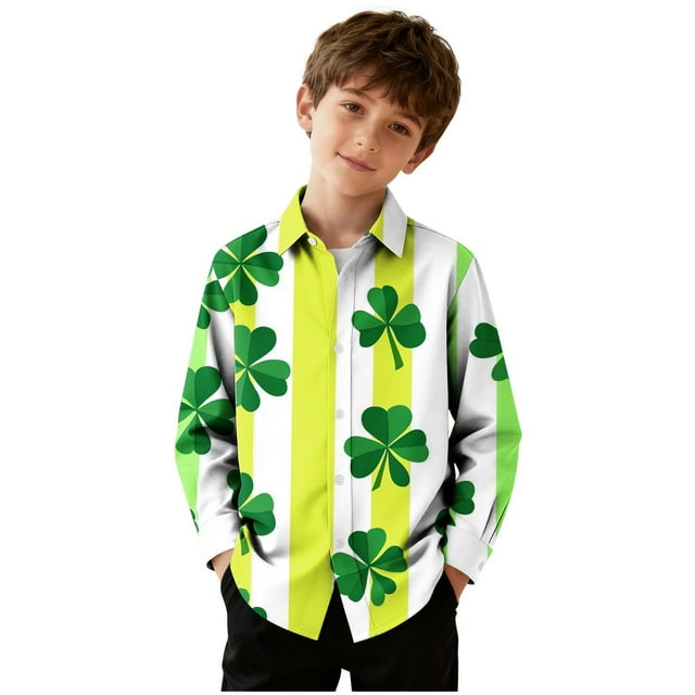 RXMEKW Chemise d'Anniversaire Garçon, Chemise Décontractée à Manches Longues avec Col Rabattu et Imprimé de la Saint-Patrick