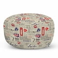 thumbnail image 1 of Tea Party Pouf Cover with Zipper, London Newspaper Inspired Background with Grunge Elements Kiss Marks, Soft Decorative Fabric Unstuffed Case, 30" W X 17.3" L, Beige Navy Blue Red, by Ambesonne, 1 of 5