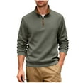 thumbnail image 2 of Kakii Men's Business Casual Quarter-Zip Sweatshirt, Olive Green Fleece-Lined Waffle Knit Top with Stand Collar, Long Sleeve Pullover, 2 of 9